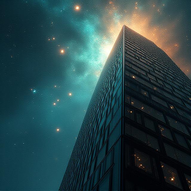 Abstract cosmic artwork merging with architectural lines